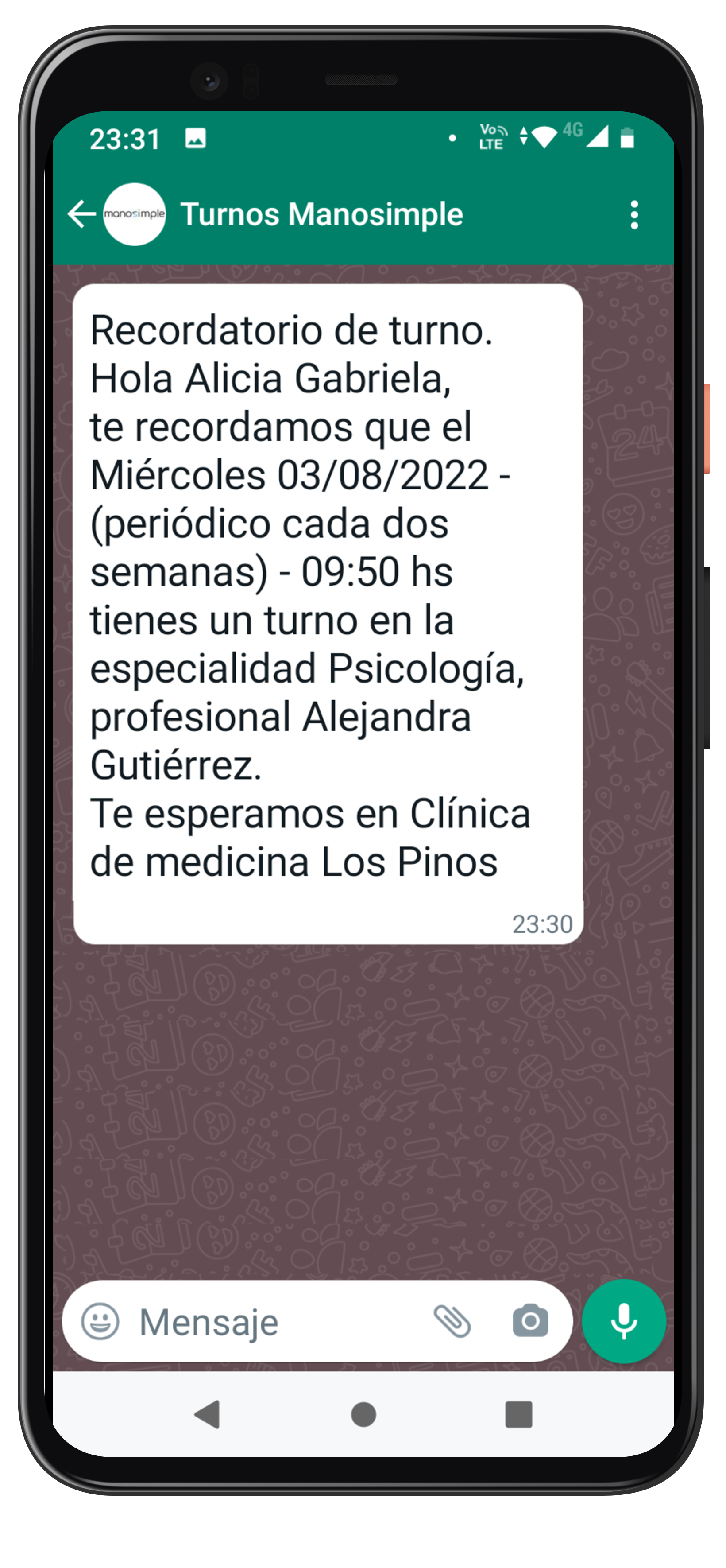 recordatorio turno por whatsapp - manosimple